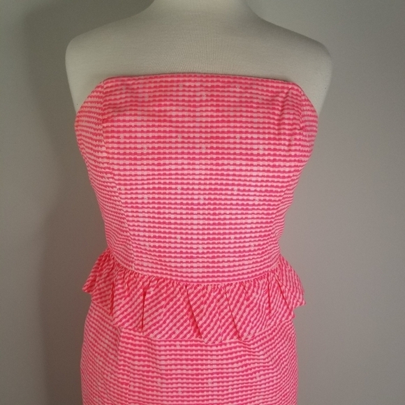 Lilly Pulitzer Lowe Fiesta Pink Pretty Gingham Strapless Peplum Dress Size 4 - Picture 10 of 15